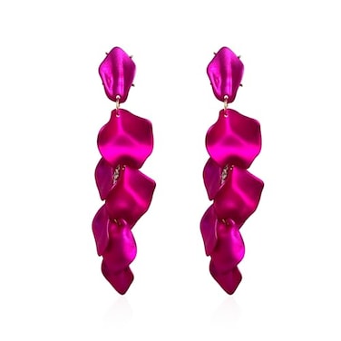 Just Follow Long Acrylic Rose Petal Earrings Dangle Exaggerated Flower Drop Statement Floral Tassel Earring for Women Pearlescent Hot Pink
