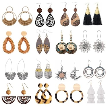 LANTAI Boho Statement Earrings for Women Summer Wooden Acrylic Rattan Earrings 16 Pairs