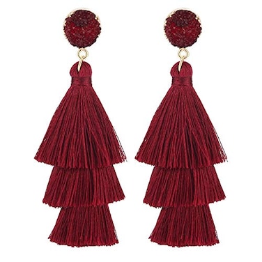 Legitta LEGITTA Burgundy Tassel Earrings with Druzy Stud Maroon Red Thread Layered Tiered Fringe Linear Drop Dangle Fashion Bohemian Jewelry for Women