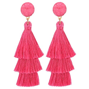 Legitta LEGITTA Hot Pink Tassel Earrings with Druzy Stud Thread Layered Tiered Fringe Linear Drop Dangle Fashion Bohemian Jewelry for Women