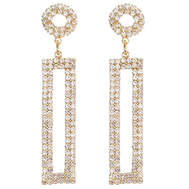 Legitta Rhinestone Long Drop Earrings Cubic Zirconia Sparkly Statement Rectangle Dangle with Circle Studs for Women Wedding Jewelry