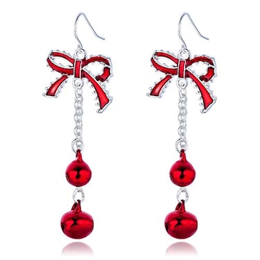 RareLove Lightweight Christmas Red Bow Knot Piercing Dangle Earrings Jingle Tassels Silver Plated Women Holiday Gift
