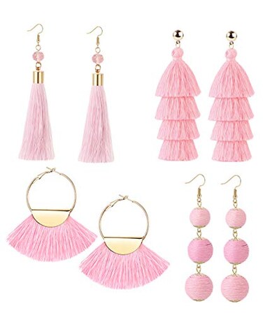 LOYALLOOK 4Pair Fan Shape Drop Earrings Long Thread Tassel Bohemian Fringe Handmade Pink