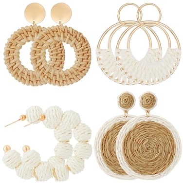 meekoo 4 Pairs Rattan Earrings for Women Beach Essentials Tassel Dangle Boho Straw EarringsSimple
