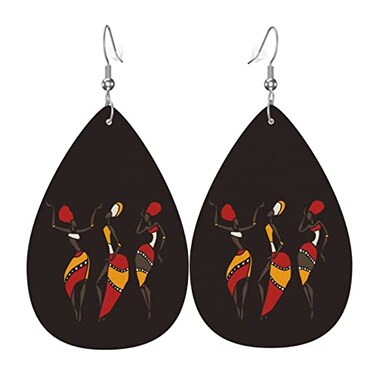 MIOAOSRT African Dancers Earrings Beautiful Dancing Women Faux Leather Earrings Leaf Earring Teardrop Dangle Earrings for Women