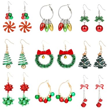 Moiegouct Christmas Earrings for Women Cute Bow Tree Bell Snowflake Dangle Earring Set Festive Holiday Earrings Jewelry Fun Christmas Stocking Stuffers