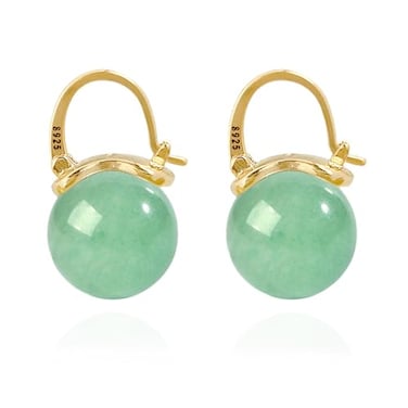 OwMell Elegant 925 Sterling Silver Pearl Drop Earrings Dangle Stud Gold Plated Earrings for Women Large Size 12mm Green Aventurine