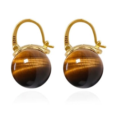 OwMell Elegant 925 Sterling Silver Pearl Drop Earrings Dangle Stud Gold Plated Earrings for Women Large Size 12mm Tigers Eye