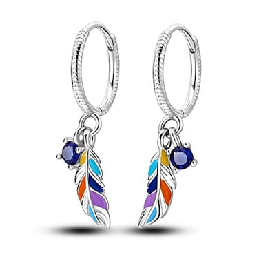 Parmuz 925 sterling silver hoop earring for woman Dangle Drop Boho vintage Feather Dangling Earring set purple Dream Catcher Simple Small Huggie earring Jewelry Gift Sterling Silver Cubic Zirconia