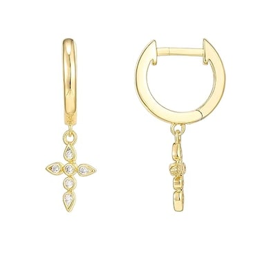 PAVOI 14K Yellow Gold Plated S925 Sterling Silver Post DropDangle Huggie Earrings for Women Dainty Cross Earrings
