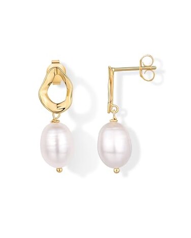PAVOI 14K Yellow Gold Plated Statement Pearl Drop Earrings for Women Pearl Dangle Studs Earrings
