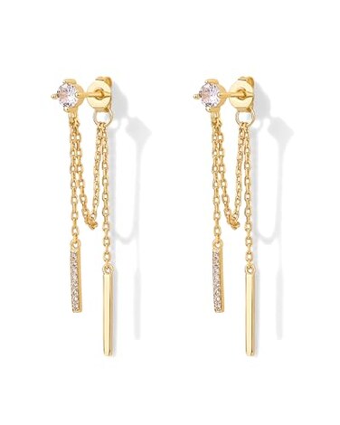 PAVOI 18K Yellow Gold Plated 925 Sterling Silver Posts Drop Dangle Chain Earrings for Women Dangling Chain Studs Cubic Zirconia Ball Threader Earscapes Earrings