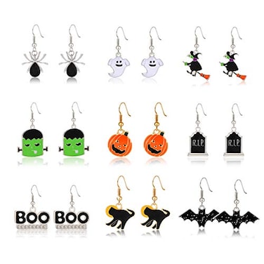 PHALIN Halloween Earrings for Women Ghost Spider Pumpkin Switch Cat Earrings Set for Party Costome 9 Pairs Halloween Drop