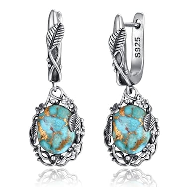 Phyonio Teal Oval Turquoise Dangle Earrings for Women Leaf Vine Flower Latch Back 925 Sterling Silver Earring Vintage Oxidised Boho Jewelry Valentines Day Gift for Wife