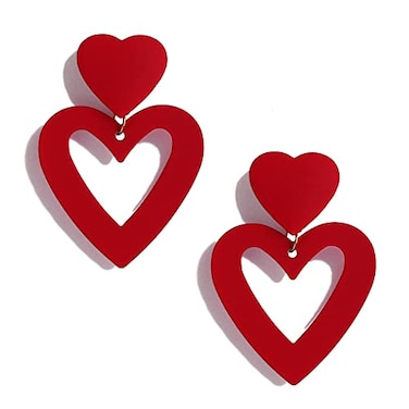 PopTopping Double Heart Drop Earrings Red Heart Earrings Love Heart Dangle Earrings For Women Dark Red