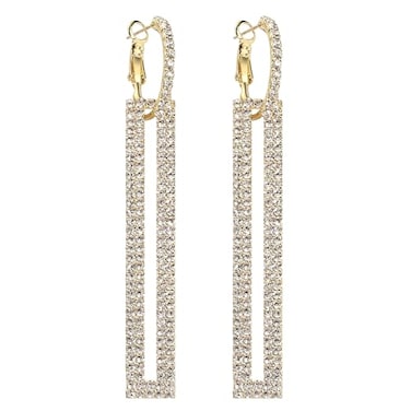 QJLE Geometric Rectangle Cubic Zirconia Rhinestone long Drop Dangle Earrings for women Hypoallergenic Pierced Gold