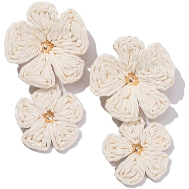 FANCY SHINY Raffia Flower Earrings Statement Boho Drop Earrings Chunky Gold Dangle Trendy Cute Floral Jewelry Summer Beach Vacation Outfits for WomenIvory