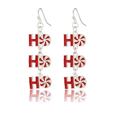 RareLove Christmas Cute HoHoHo Pierced Dangle Earrings Red Candy Cane Color Silver Plated Alloy Holiday For Women