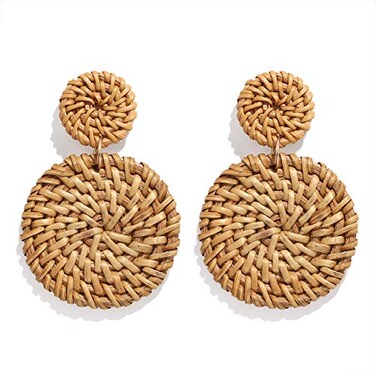 YAHPERN Rattan Earrings for Women Handmade Lightweight Wicker Straw Stud Earrings Statement Weaving Braid Drop Dangle Earring Dark Rattan Disk