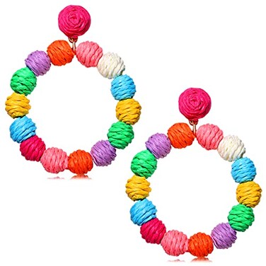 CEALXHENY Rattan Earrings Rattan Ball Hoop Dangle Earrings for Women Handmade Bohemia Earrings Braid Straw Wicker Raffia Earring Summer Beach Accessory Gifts Rainbow