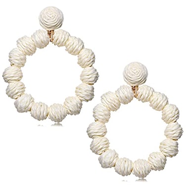 CEALXHENY Rattan Earrings Rattan Ball Hoop Dangle Earrings for Women Handmade Bohemia Earrings Braid Straw Wicker Raffia Earring Summer Beach Accessory Gifts White