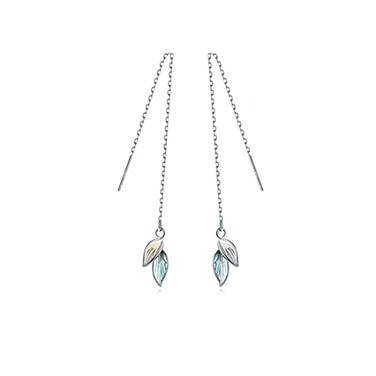 Reffeer Solid 925 Sterling Silver Leaf Chain Dangle Earrings Threader for Women Teen Girls Leaf Dangle Drop Earrings Tassel ASilver