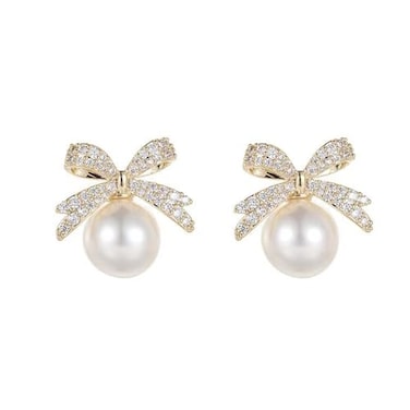 Aktully Rhinestone Bow Ribbon Earrings Red Ball Pearl Dangle Drop Stud Earrings for Women Christmas Gifts