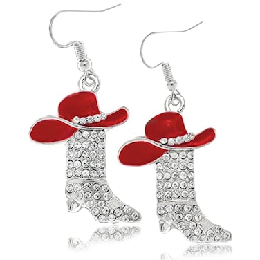 RechicGu Rhinestone Western Boots Earrings Cowgirl Cowboy Enamel Hat Bohemian Rodeo Boot Drop Dangle Earrings for Women Red Hat