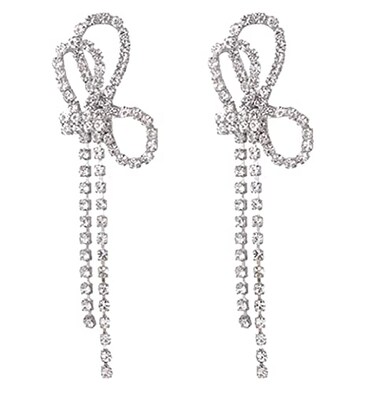LAKIYOYO Rhinestones Bow Drop Earrings for Women Silver Crystal Bowknot Tassels Statement Earrings Lightweight Shiny Bar Earrings Set Jewelrystyle 2