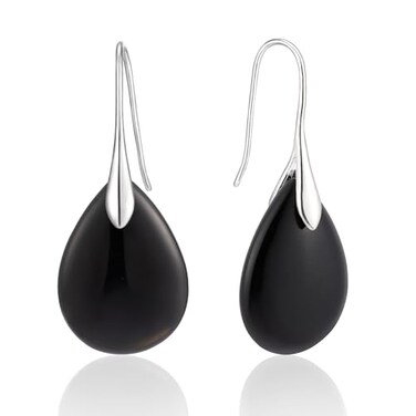 SELOVO Black Agate Stone Teardrop Fishhook Dangle Drop Earrings Silver Tone