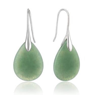 SELOVO Green Aventurine Teardrop Agate Stone Fishhook Dangle Drop Earrings Silver Tone