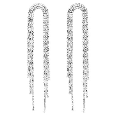 SELOVO Long Tassel Liner Statement Earrings Crystal Bridal Wedding Rhinestone Dangle Dangling Earrings Silver Tone