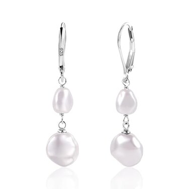 LANCHARMED Silver Pearl Dangle Earrings for Women 925 Sterling Silver Double Pearl Drop Earrings Hypoallergenic Leverback Baroque Irregular Pearls Earring