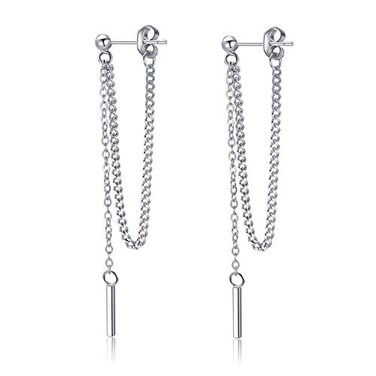 SLUYNZ Solid 925 Sterling Silver Bar Dangle Earrings for Women Minimalist Dangle Earrings Threader Chain ASilver