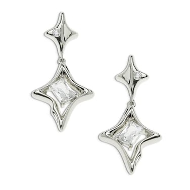 Sonateomber Silver Star Drop Dangle Earrings for Women Trendy Unique Sparkly Rhinestone Fourpoint Star Dangling Hypoallergenic Stud Fashion Prom Jewelry Gift