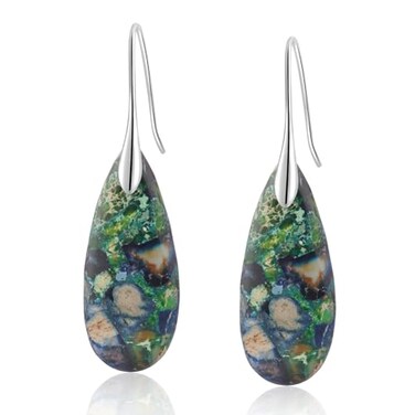 Sriomu Natural Healing Stone Fishhoop Dangle Drop Earrings Statement Gold silver earrings Green BlueSilver Hook