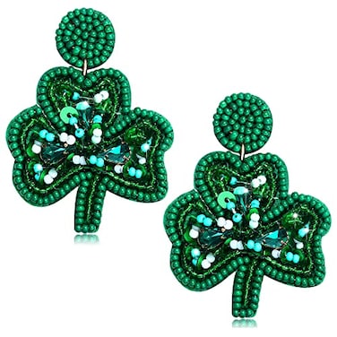 XOCARTIGE St Patricks Day Earrings Beaded Green Leaf Earring for Women Handmade Lucky Shamrock Hat Drop Dangle Earrings Irish Holiday Jewelry Gift Leaf