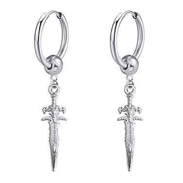 Hebelee Sword Drop Dangle Small Hoop Earrings for Women Men Stainless Steel Engrave Dagger Halloween Statement Charms Drop Dangling Hoops Cuff Cartilage Wrap Vintage Punk Pray Jewelry Silvery