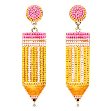 CEALXHENY Teacher Earrings Beaded Pencil Earrings for Women Handmade Beaded Dangle Drop Earring Back To School Teacher Appreciation Gift Yellow