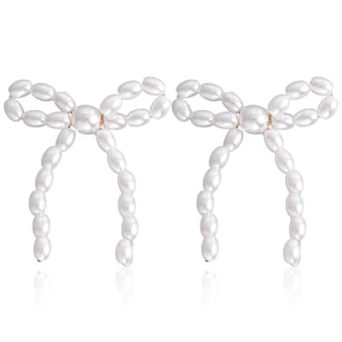 TONLUYAX Pearl Bow Earrings for Women Pearl Dangle Drop Earrings Bow Knot Stud Earrings Wedding Trendy Jewelry