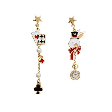 YOOESTORES82 Unique Playing Card Dangle Earrings Red Heart Queen Poker Earrings for WomenGold Asymmetric Rabbit Long Clock Poker Dangle Earrings Queen Hearts Costume C