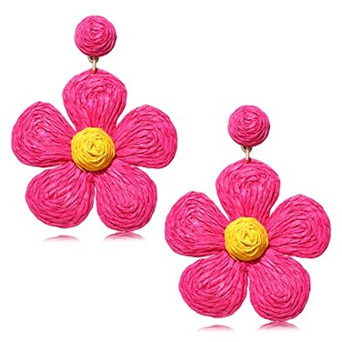 VOGUEKNOCK Vogueknock Rattan Earrings for Women Statement Boho Raffia Straw Wrapped Flower Drop Dangle Earrings Summer Tropical Beach Jewelry Hot Pink