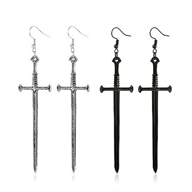 Weenkeey 2 Pairs Gothic Dagger Sword Earrings Retro Long Sword Hook Earrings Punk Knife Dangle Drop Earrings for Women Silver Black