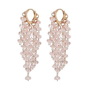 Winssigma Fringe Hoop Dangle Earrings Long Beads Tassel Chain Earrings for Women Sparkly Chandelier EarringsLt Pink