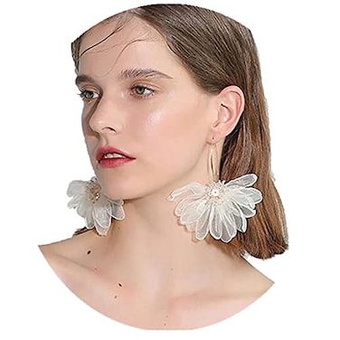 YERTTER Women Big Petal Drop Large Earrings Big Flowers Dangle Earrings with Chiffon Floral Tassel for Vacation Wedding Ivory