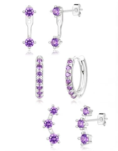 Poxtex Silver Purple Earrings for Women Deep Purple Created Amethyst February Birthstone Earrings Jewelry Gifts Jacket Stud Huggie Hoop Stack for Multiple Piercing