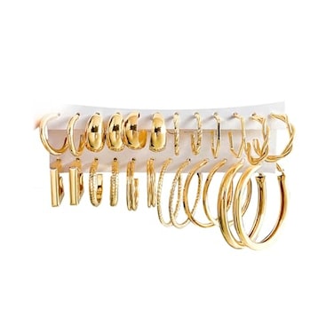 17IF 12 Pairs Gold Hoop Earring Set for Women Chunky Earring Big Small Smooth Surface Trendy Stud Lightweight Twisted Ear Pack