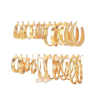 17IF 12 Pairs Golden Hoop Earring Set for Women Chunky Smooth Surface Trendy Big Small Stud Earring Lightweight Twisted Pearl Ear PackB