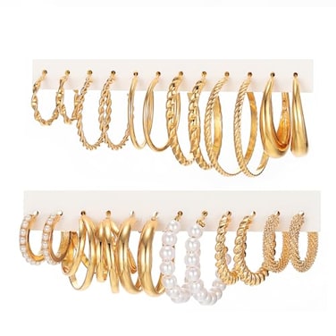 17IF 12 Pairs Golden Hoop Earring Set for Women Smooth Surface Trendy Big to Small Chunky Stud Earring Lightweight Twisted Pearl Ear PackC