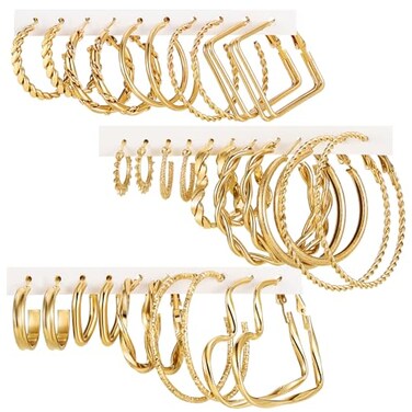 17IF 16 Pairs Golden Hoop Earring Set for Women Chunky Earring Multipack Hypoallergenic Trendy Big Small Hoop Earring Lightweight Twisted Statement Ear Pack